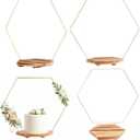 4 Pack Hexagon Floral Hoops with Wooden Stand, 12 Inch Metal Rings for Wedding Centerpiece Table Decorations Crafts Wreath Wedding Birthday Party Candle Rings, DIY Floral Displays (gold)