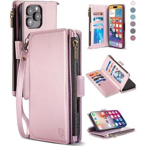 FLIPALM Wallet Case for iPhone 16 Pro Max 6.9" with Wrist Strap - PU Leather Folio Flip with Credit Card Holder & Kickstand, Protective Cover(Pink)