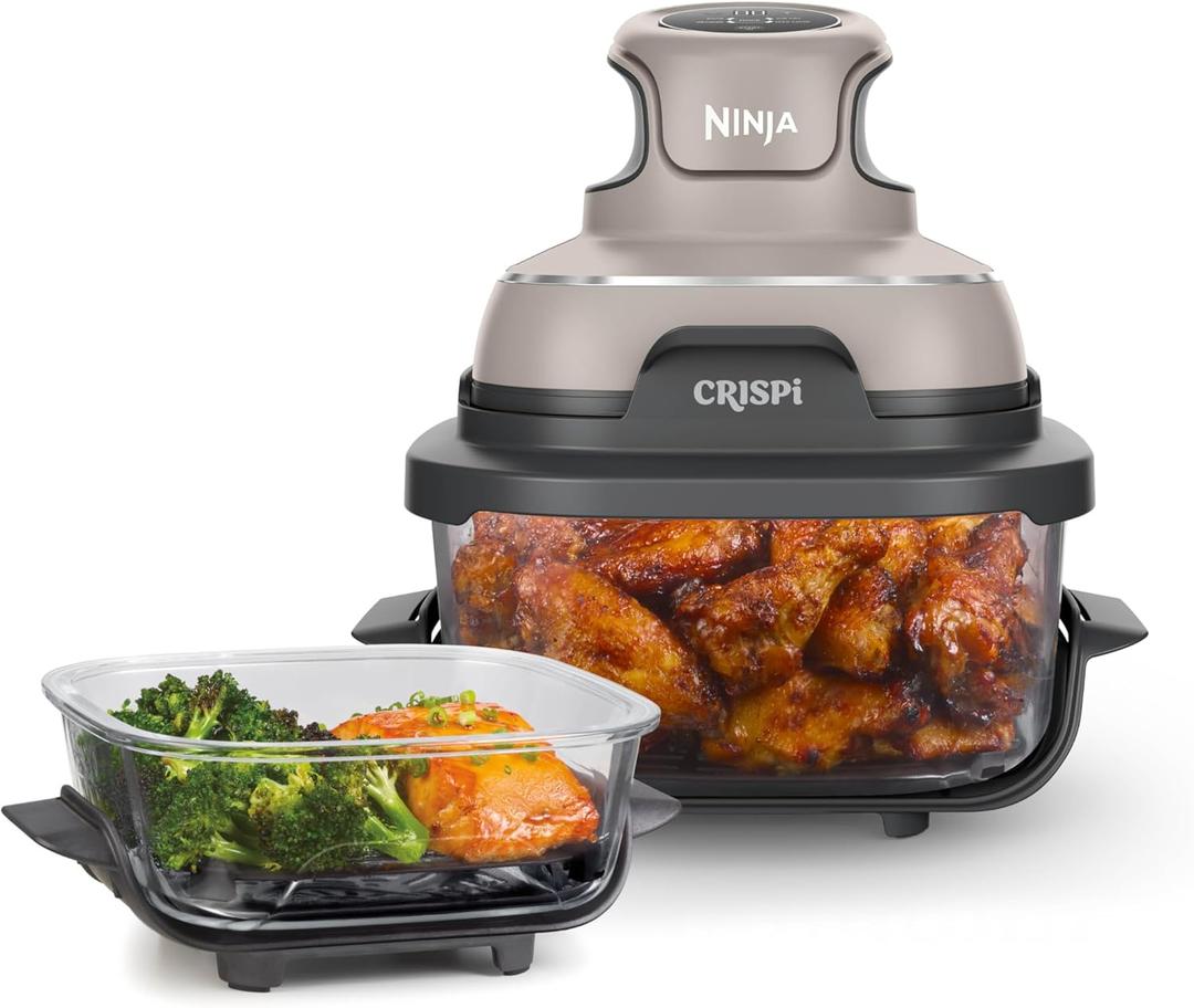 Ninja Crispi 4-in-1 Glass Air Fryer | 450F | Non-Toxic | 4QT & 6-Cup Glass Containers w/Lids | Microwave, Freezer, Dishwasher Safe | Max Crisp, Air Fry, Bake, Recrisp | Stone | FN101ST