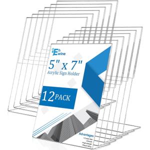 EHWINE 12 Pack 5 x 7 Acrylic Sign Holder, Clear Plastic Signs Display Stand, Vertical Slanted Back Paper Holder Stand up Table Top Sign Holders Flyer Stand Frames Suitable for Office Business Store