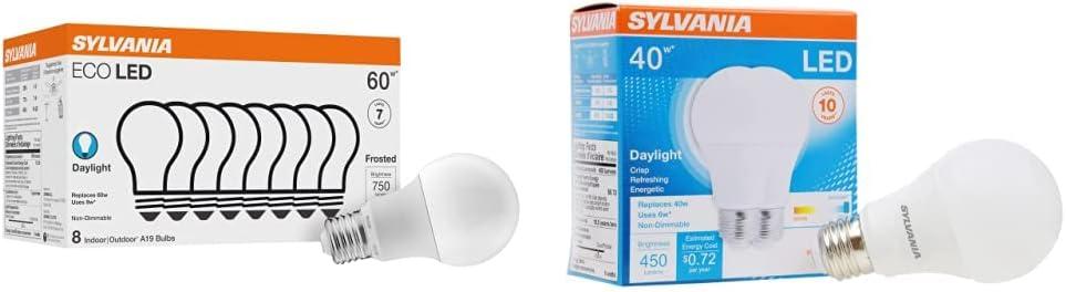 Sylvania ECO LED A19 Light Bulb, 60W Equivalent, Daylight - 8 Pack (40883) & Sylvania LED Light Bulb, 40W Equivalent A19, Efficient 6W, Medium Base, 450 Lumens,2 Count (Pack of 1)