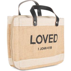Faithworks Bible Covers for Women - Mini Market Tote Style Jute Cover with Zippered Closure Leather Handles (Loved)