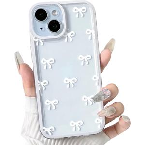 NITITOP Compatible with iPhone 15 Case Cute Clear Durable Ribbon Bowknot Pattern for Girls Women Soft TPU Transparent Full Camera Lens Shockproof Protective Phone Cover - White