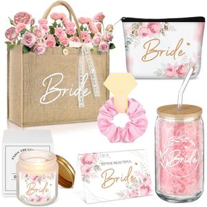 Hushee 6 Pcs Bride Gifts Set for Bachelorette Party, Bridal Shower Gifts Box for Wedding Engagement Engaged Bride to Be, Handbags, Cosmetic Bags, Tumbler, Candle, Card, Hair Scrunchies (Flowers)