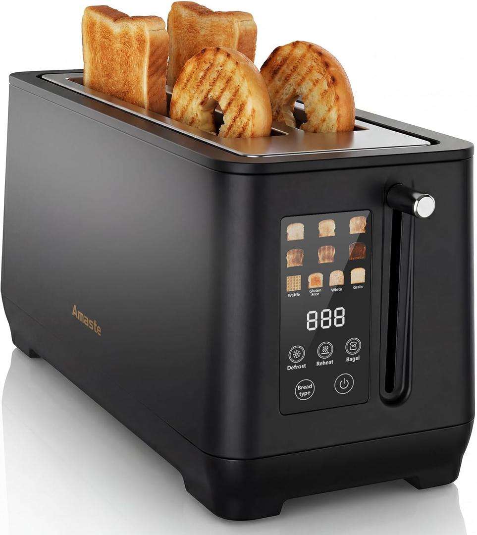 4 Slice Toaster, Long Slot Touch Screen Retro Toaster with Digital Countdown, Extra-Wide Slots for Bagels & Artisan Bread, 6 Browning Levels, 5 Bread Modes, Defrost Reheat Cancel, Stainless Steel (Black)