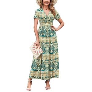 WEACZZY Maxi Dress for Women 2026 Summer V Neck Short Sleeve Swing Sundress Floral Print Formal Beach Vacation Elegant Long Dresses with Pockets, Blue Khaki, XXL