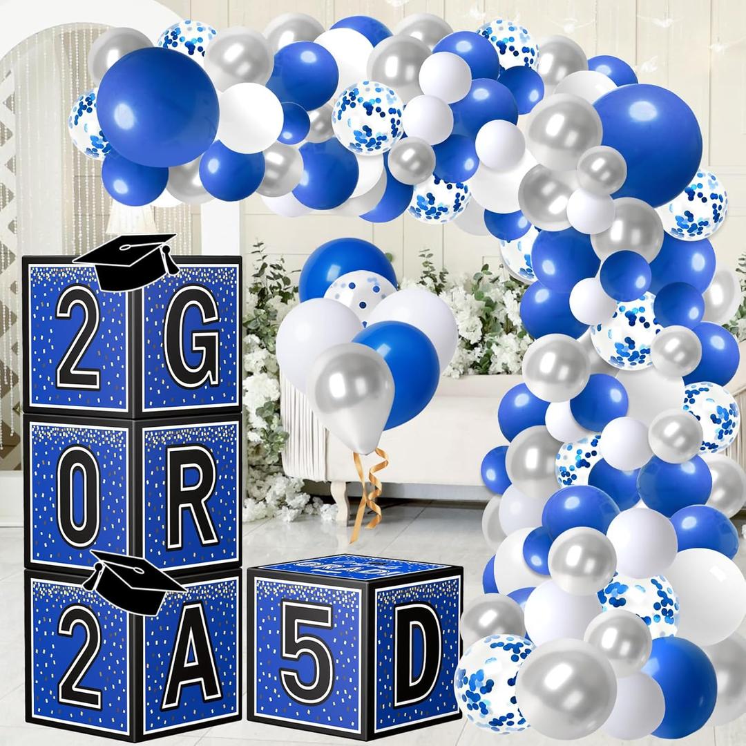 Graduation Decorations 2025 Graduation Party Decorations Set of 4 Boxes with 144pcs Balloons Arch Garland Kit Party Supplies for Any Grades Blue