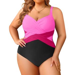 Tempt Me Plus Size One Piece Swimsuits for Women Tummy Control Retro Bathing Suit Cross Front Swimwear, Pink Black, 18W