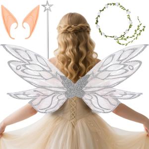 Fairy Wings Adult Women, 33.6"x13.8" Sparkling Adult Fairy Costume Set, Organza Butterfly Wings for Halloween (Silver)