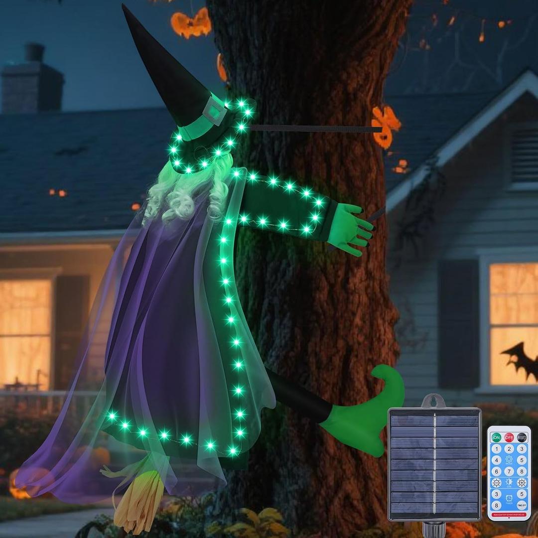 Solar Halloween Decorations Outdoor Witches, 43" Flying Witch Crashing into Tree Hallowen Decor on Broom, Halloween Witch Decor for Yard Door Fence Haunted House Props (Green)