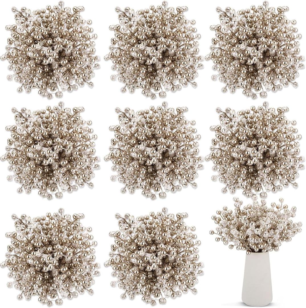 Censen 50 Pieces Artificial Holly Berry Stem Picks with Snowflake Frosted Christmas Tree Branches Fillers Ornaments Snowy Berry Twig Branches for Xmas Garland Wreath Winter Home Decor (Champagne)