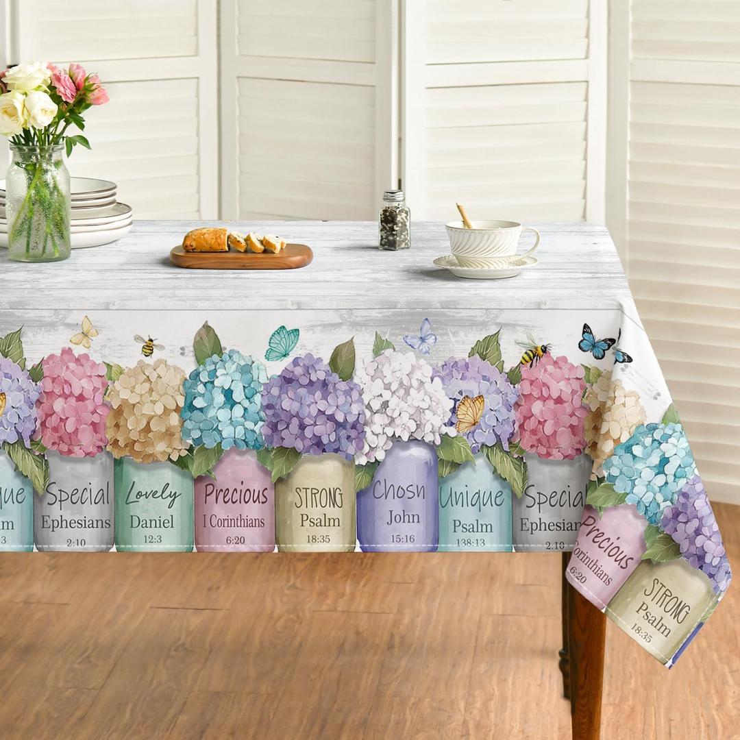 Horaldaily Spring Tablecloth 60×84 Inch Rectangular, Purple Pink Spring Hydrangea Grey Wood Grain Washable Seasonal Table Cover for Party Picnic Dinner Decor