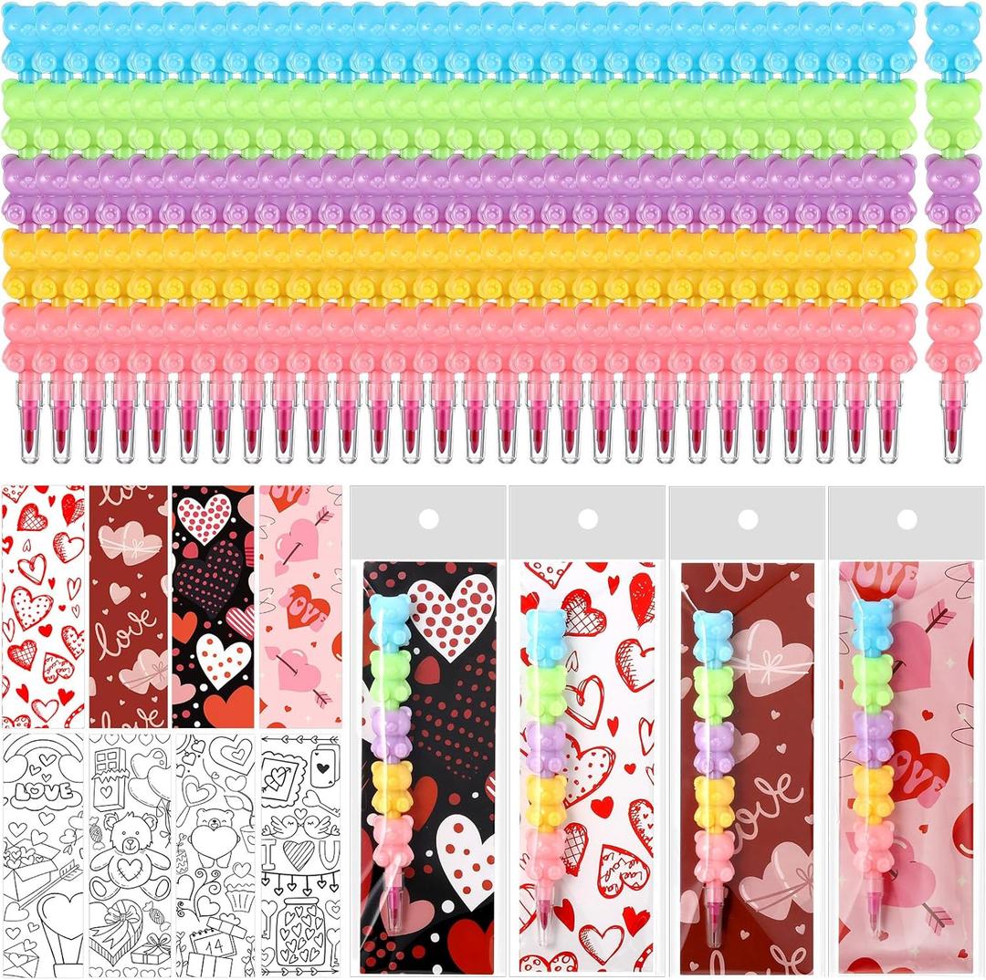 MotiMind 28 Sets Valentines Crayons Party Favors Gifts Bear Stackable Crayons with Coloring Cards Kids Valentines Goodie Bag Stuffers for Classroom School Reward Gifts Exchange Non Candy Treats