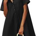 Wenrine Womens Button Down Shirt Dress Oversized Casual Short Sleeve Collared V Neck Summer Mini Dresses Black