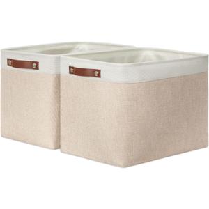 DULLEMELO 2-Pack Large Storage Baskets for Organizing 16"x12"x12" Canvas Fabric Storage Basket Bins With Leather Handles for Shelf Clothes Empty Gift Basket (White&Khaki)