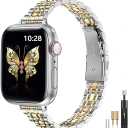 MioHHR Slim Metal Band Compatible with Apple Watch Band 42mm(Series 11 10) 41mm(Series 9 8 7) 40mm(Series 6 5 4 SE3/2/1) 38mm(Series 3 2 1),Stainless Steel iWatch Bands for Women, Silver/Gold