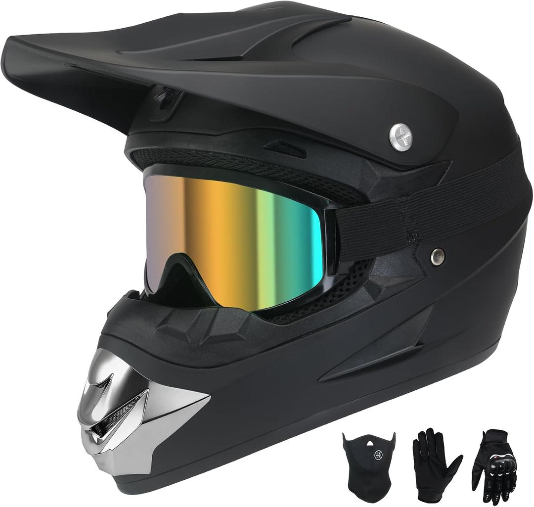 Youth Kids Dirt Bike Helmet Full Face Helmets,Motorcycle Helmets for Boys and Girls 8-14,Includes (Gloves Goggles Mask) 4Pcs Set,Motocross Bike Helmet for Off-Road ATV BMX MX,DOT Approved (Black,L)