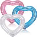 3 Pieces Inflatable Heart Pool Float, Glitter Inflatable Swim Rings Bachelorette Party Pool Float Tube, Heart Shaped Summer Swimming Ring, Water Beach Party for Adults   (Pink, Blue, Silver)