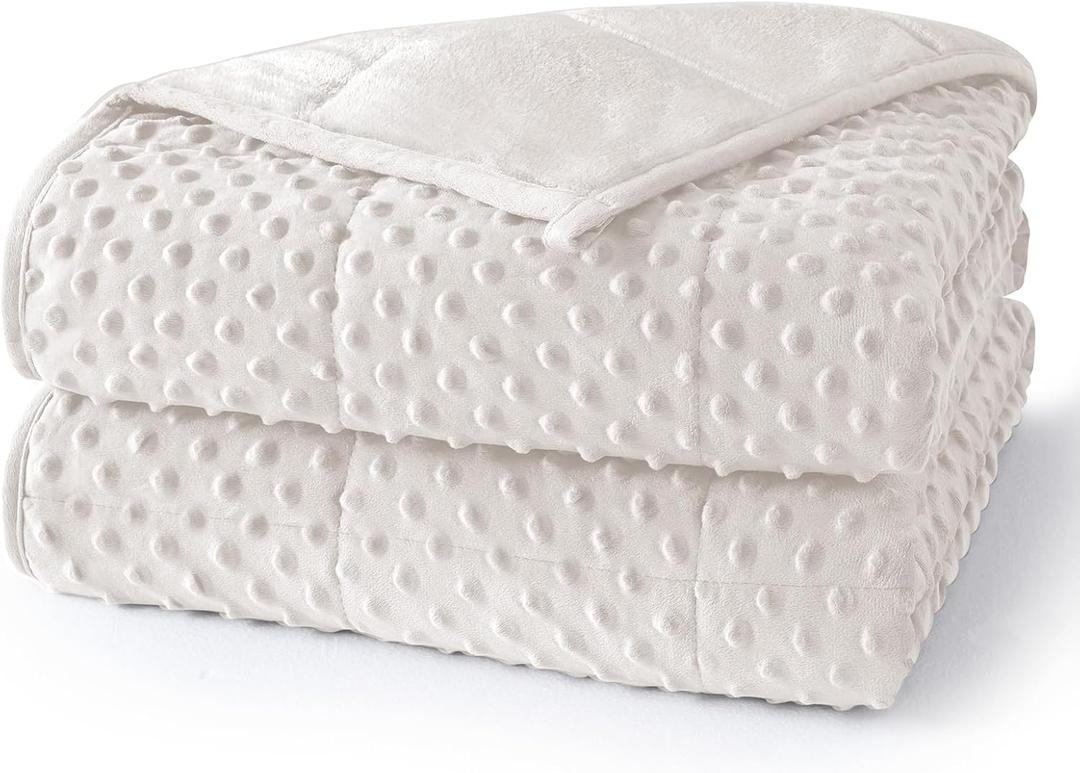 Ultra-Soft Weighted Blanket for Adults(15 lbs, 60” x 80” Queen Size) Minky Dot Fleece Cooling Breathable Heavy Blanket with Glass Beads, Perfect for 140-190 lbs, Machine Washable, Cream