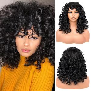 Curly Wig for Black Women Bouncy Fluffy Heat Resistant Synthetic Wig Black Afro Kinky Curly Wig for Daily and Cosplay 