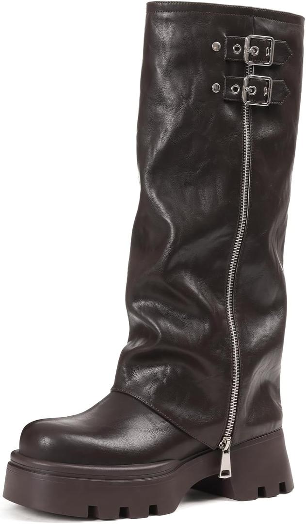 Women's Knee High Fold Over Boots Chunky Platform Lug Sole Comfortable Leather Round Toe Goth Moto Combat Dress Boots for Women, 8, Wine Red