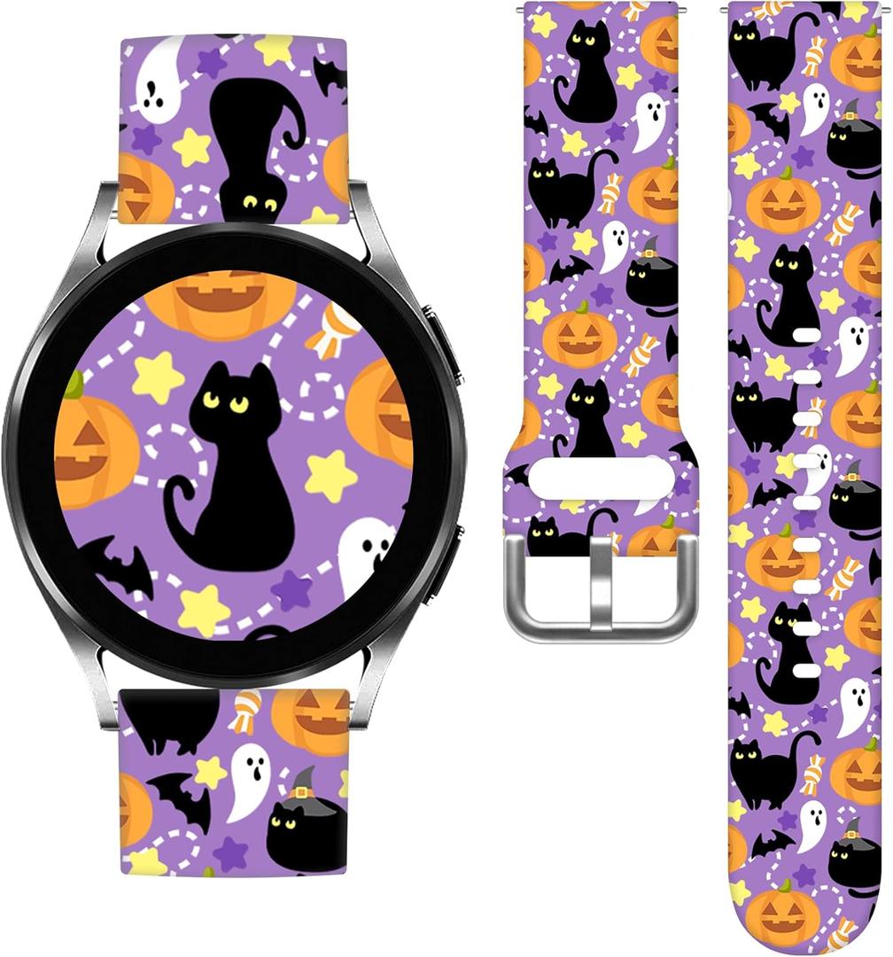 Holidays Watch Band 20mm Compatible with Samsung Galaxy Watch 6/5/ 5 Pro/ 4/3/ 6 Classic/ 4 Classic/Active 2/ Active for Women Men, Stylish Pattern Xmas Printed Replacement Strap (A-Cat/Pumpkin (Pink))