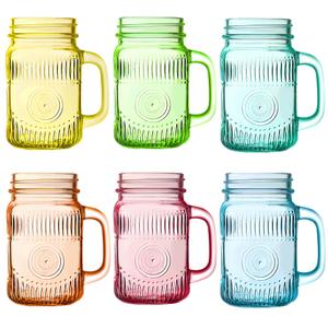 Amzcku Vintage Colored Drinking Glass Mason Jar 16 OZ with Comfortable Handle for Party Beverages 5 pcs