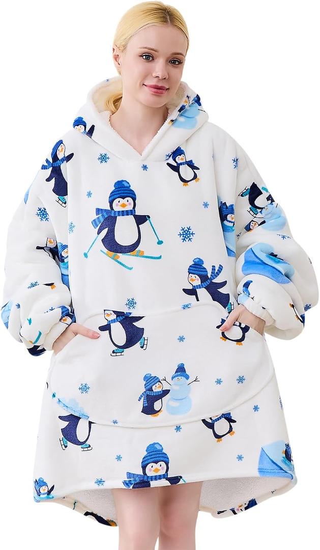 Moinlizy Blanket Hoodie Oversized Wearable Hooded Blanket for Adult Women and Men with Pocket Thick Sherpa Hoodie (White Penguin)