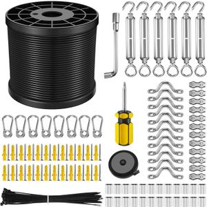 NEREUS String Light Hanging Kit with 250 Ft Vinyl Coated 304 Stainless Steel Cable, String Light Suspension Kit, Guide Wire with Turnbuckles and Hooks for Patio, Backyard Lighting Accessories