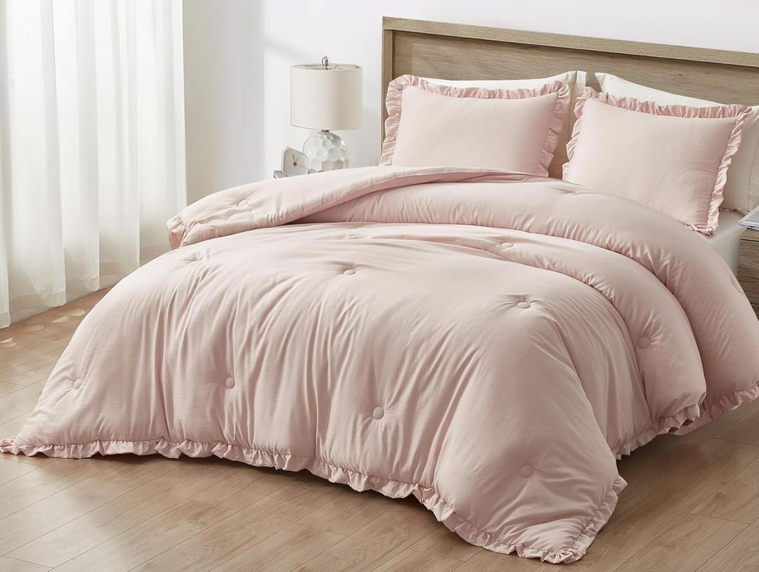 Chezmoi Collection Nora 3-Piece Ruffled Edge Trim Soft Washed Microfiber Comforter Set (King, Blush)