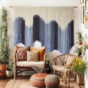 IOWER Macrame Wall Hanging Large Blue Dip Dyed Fiber Art Tapestry, Handmade Boho Wall Decor for Living Room Bedroom, Macrame Wall Art 57" W x 39" L