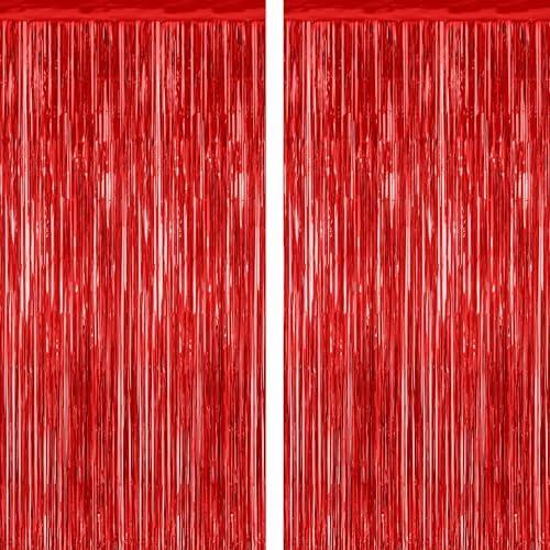 2 Pack Red Tinsel Backdrop, 3.28 FT x 7.05 FT Fringe Curtains, Red Foil Tinsel Party Streamer Backdrop Curtains for Valentines Day, Wedding Photo Backdrop Party Decorations for Wedding Anniversaries