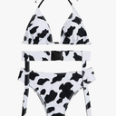 SHENHE Women's 3 Piece Cow Print Cut Out Tie Backless Halter Triangle Bikini Swimsuit Bathing Suit, Small