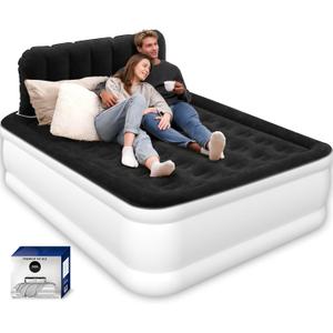 Queen Air Mattress with Headboard, Built-in Pump, 19" Raised Upgraded Comfort Inflatable Mattress, 48-Hour Leak-Tested Upgraded PVC, 3.5 Min Inflation-Air Bed for Home, Guests & Travel, 800 lbs Max (EU King size = US Queen size, White and Black)