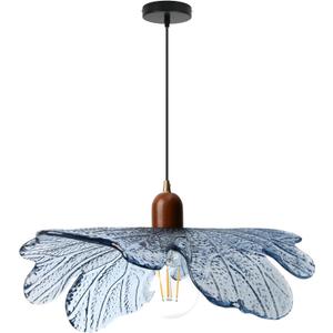 Blue Glass Pendant Light 15.75" Large Flower Petal Hanging Ceiling Light Adjustable 59" Cord with Wood & Metal Accents Modern Statement Chandelier for Dining Room Living Room Foyer