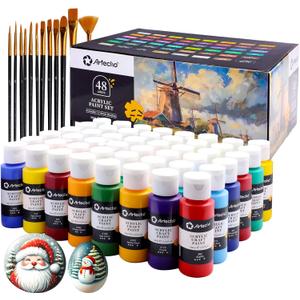 Artecho 48 Colors Acrylic Paint Set (2oz/59ml) with 12 Brushes, Craft Paints for Canvas, Wood, Rock Painting & Fabric, Rich Pigment Non Toxic Art Supplies for Artists & Beginners