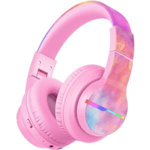 iClever BTH12 Kids Bluetooth Headphones,Colorful LED Lights,74/85dBA Safe Volume,85H Playtime,Fast Charging,Bluetooth 5.2,Over Ear Kids Headphones Wireles for iPad/Tablet/Airplane,Tie-dye Pink