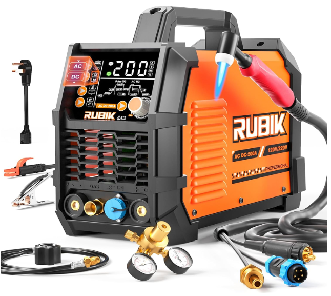 AC/DC Aluminum Tig Welder with Pulse, 200 Amp 6 in 1 Welder 110V/220V Dual Voltage Welder with Digital IGBT Inverter Square/Triangular Wave/Stick/Tig/Spot MultiProcess TIG Welding Machine