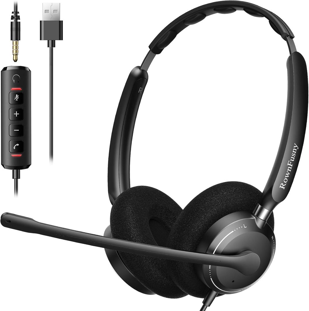 USB Headset with Microphone for PC, Computer Headset with Microphone Noise Canceling Mic for Laptop Call Center Wired Headset with Mic for Work Zoom Skype Teams from Office Home (Black) (Dual Ear)