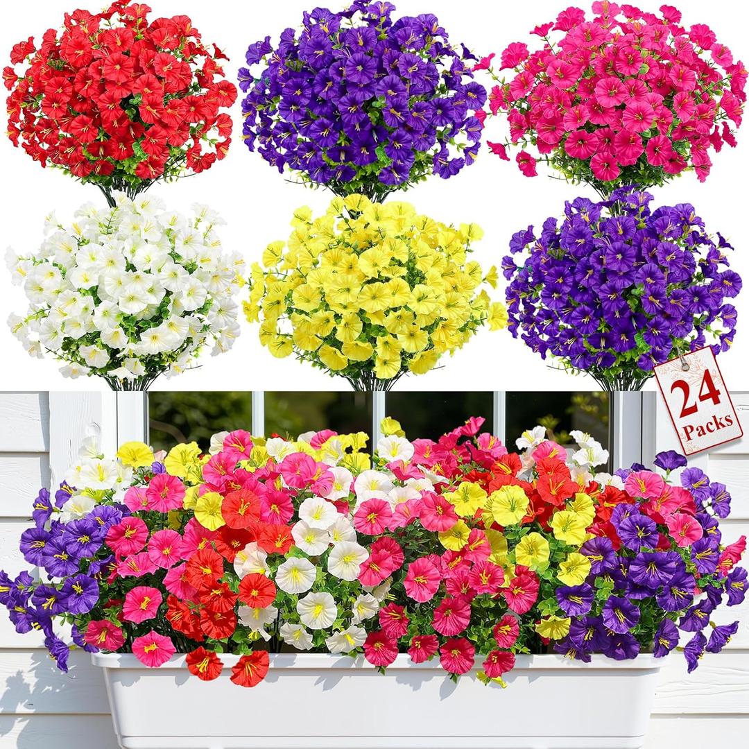 Alupssuc 24 Bundles Artificial Flowers for Outdoors, Faux Spring Flowers for Decoration, UV Resistant Silk Morning Glory with Eucalyptus Realistic Fake Flowers for Yard Planter Porch Garden, 5 Colors