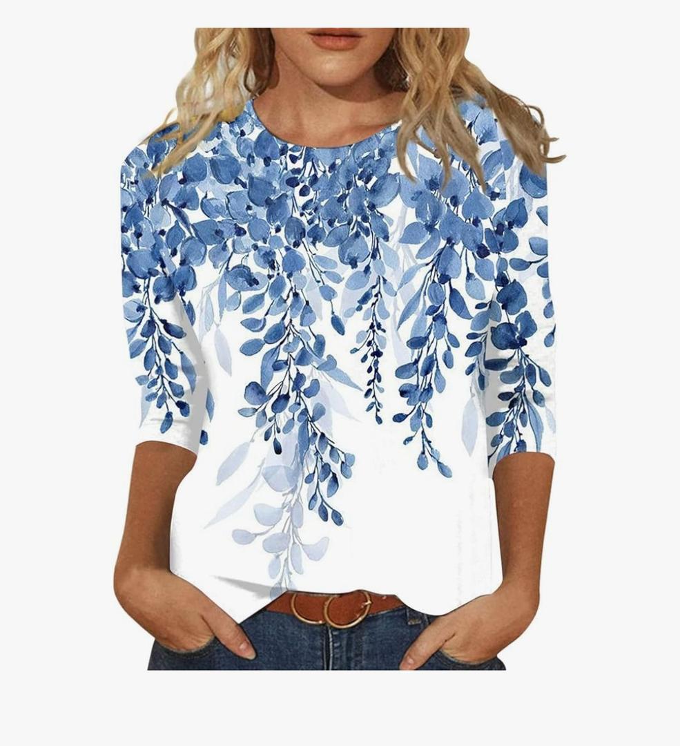HTHLVMD Womens 3/4 Sleeve Tops 2025 Spring Summer Crewneck Print Causal Loose Fit Three Quarter Sleeve T Shirts for Women S