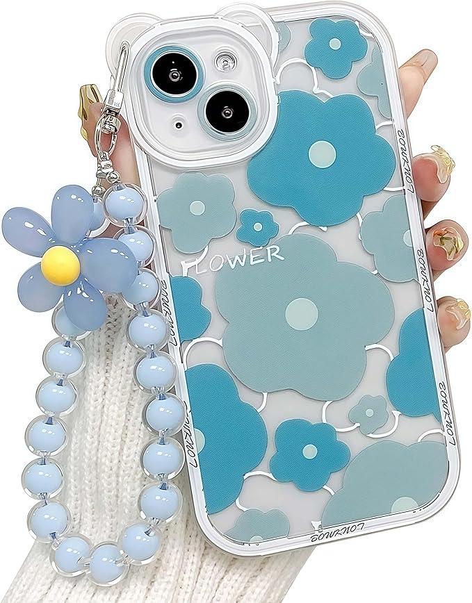 for iPhone 15 Case, Cute Clear Blue Floral Bear Camera Lens Case with Lovely Flower Wrist Strap Bracelet Chain for Women Girly,Shockproof Cover-Blue