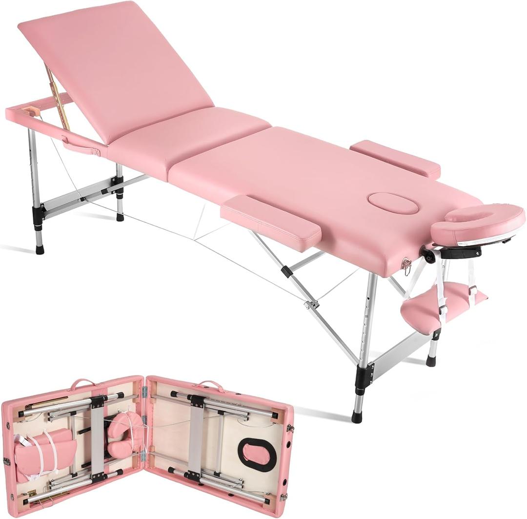 Careboda Massage Table Professional Massge Bed 3 Fold 82 Inches Height Adjustable (Macaron Pink)