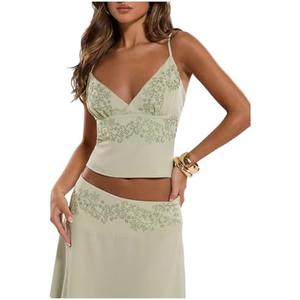 SweatyRocks Women's Tie Backless Deep V Neck Cami Top Rhinestone Sleeveless Boho Summer Tops Size L