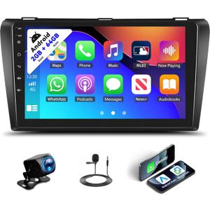 SIXTOP 2+64G Android Car Stereo for Mazda 3 2004-2009 Upgrade Radio with Apple Carplay Android Auto 9 inch Touch Screen Bluetooth GPS Navigation Mirror Link FM RDS WiFi SWC EQ AHD Camera & MIC