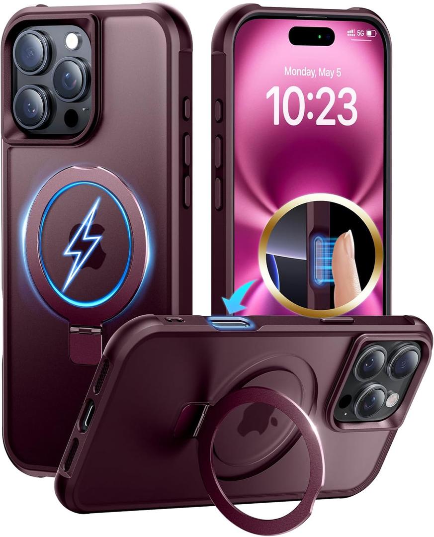 Magnetic Invisible Stand Designed for iPhone 16 Pro Max Case [Military Drop Protection] [Compatible with MagSafe] Shockproof Slim Translucent Matte Case for iPhone 16 Pro Max 6.9" Wine Red