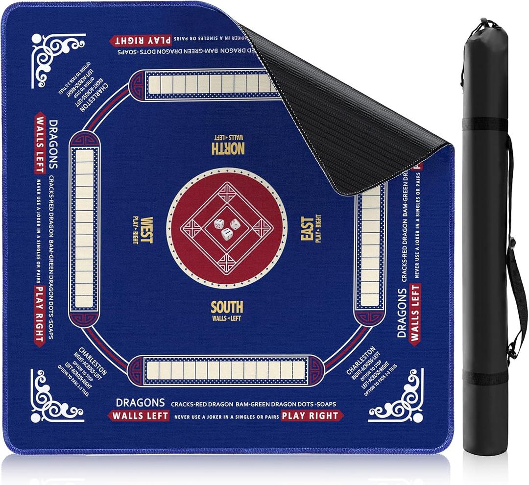 Mahjong Mat for Table 33 x 33, Premium Non-Slip Noise-Reducing Table Cover, 2mm Thick Waterproof Rubber Game Mat with Carrying Bag Foldable Mahjong Table Mat for Mahjong, Poker, Card & Board Games