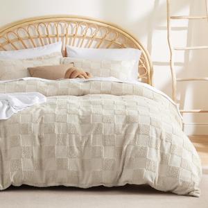 Bedsure Boho Duvet Cover Queen SizeDuvet Insert/Comforter not Included - Checkered Duvet Cover Queen Set for All Seasons, 3 Pieces Soft Shabby Chic Boho Bedding (Beige, 90" x 90")