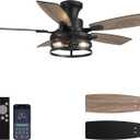 42 Inch Flush Mount Ceiling Fans with Lights and Remote Control, Farmhouse Ceiling Fan with LED Lighting for Bedroom Living Room and Patio, Black Caged Ceiling Fan for Indoor and Outdoor(NO Bulbs)