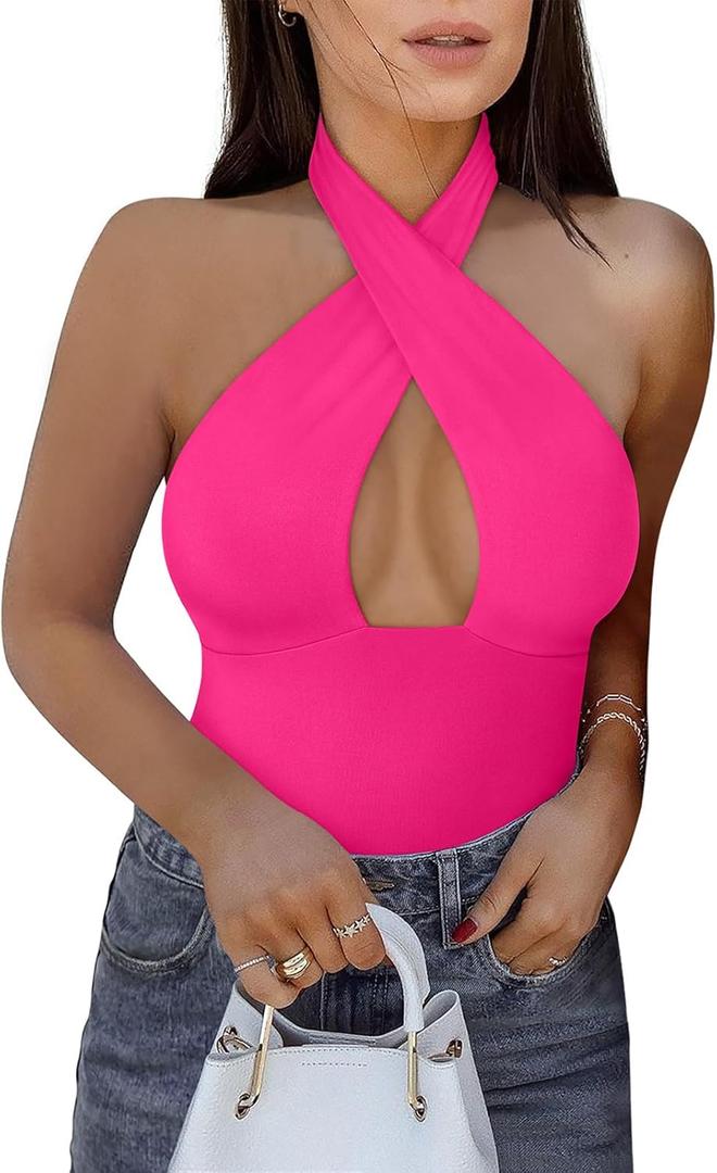 REORIA Butsmooth Women's Trendy Sexy Casual V Neck Double Lined Sleeveless Slimming Going Out Tank Top Bodysuits (Neon Rose Red, XL)
